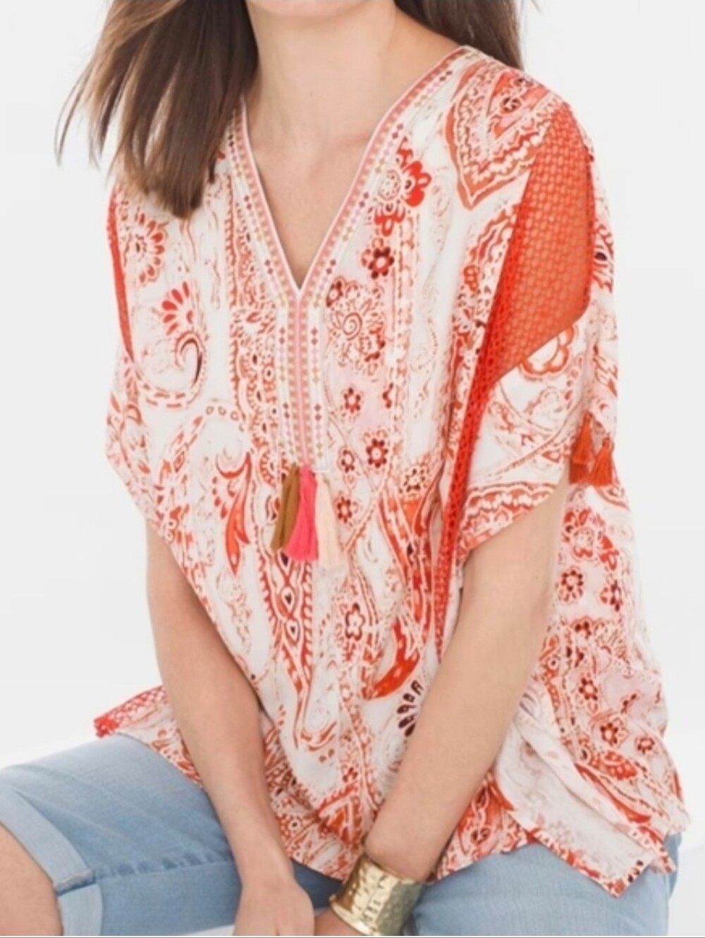 Chicos Boho Top, Size M, Coral Pink, Caftan Style, Embroidery, Tassels